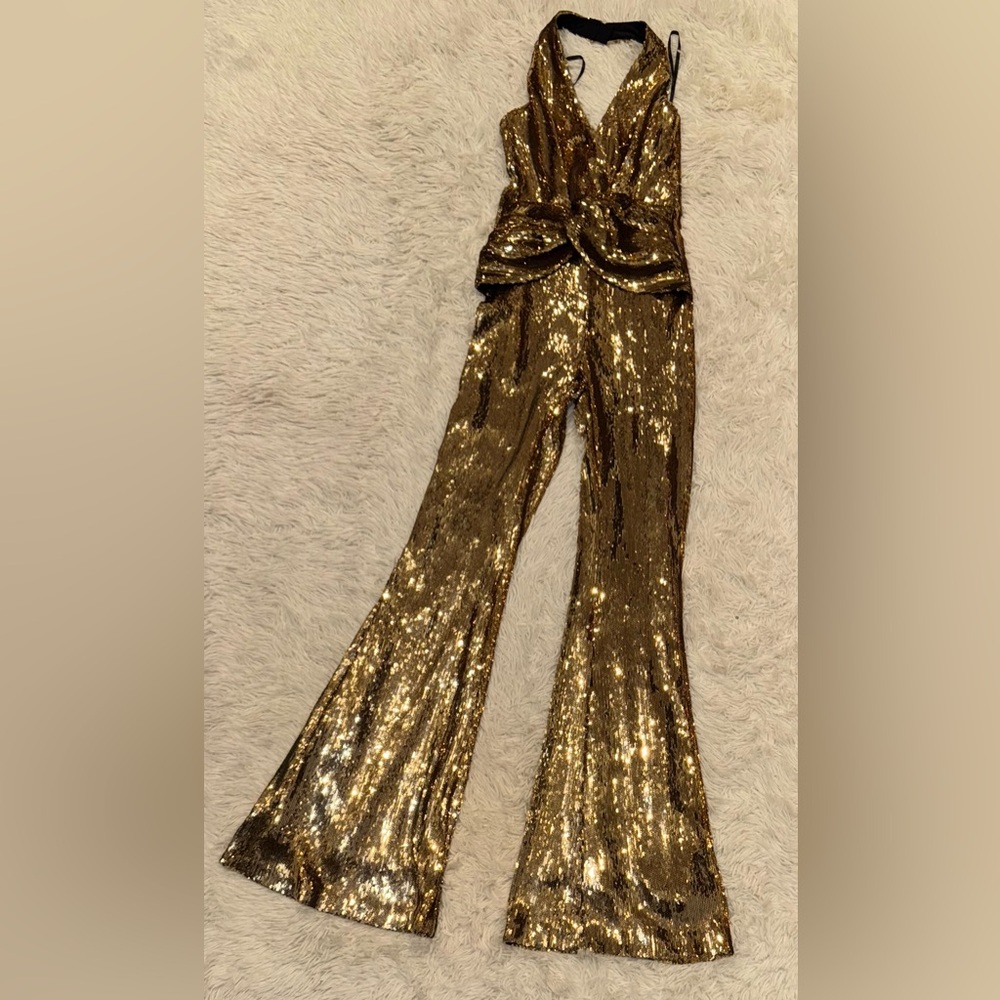 NEW NADINE MERABI Tianna Sequin Halter Flare Gold Jumpsuit sz 4 - Picture 4 of 8